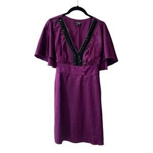 Sequin Hearts Short Sleeve Cape Detail Front Jeweled A Line Dress Purple Size M